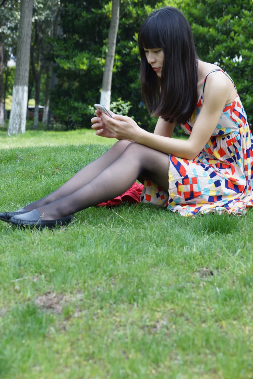 [Mzsock] NO.031 Long black silk on the grass street photography#[56P]-1